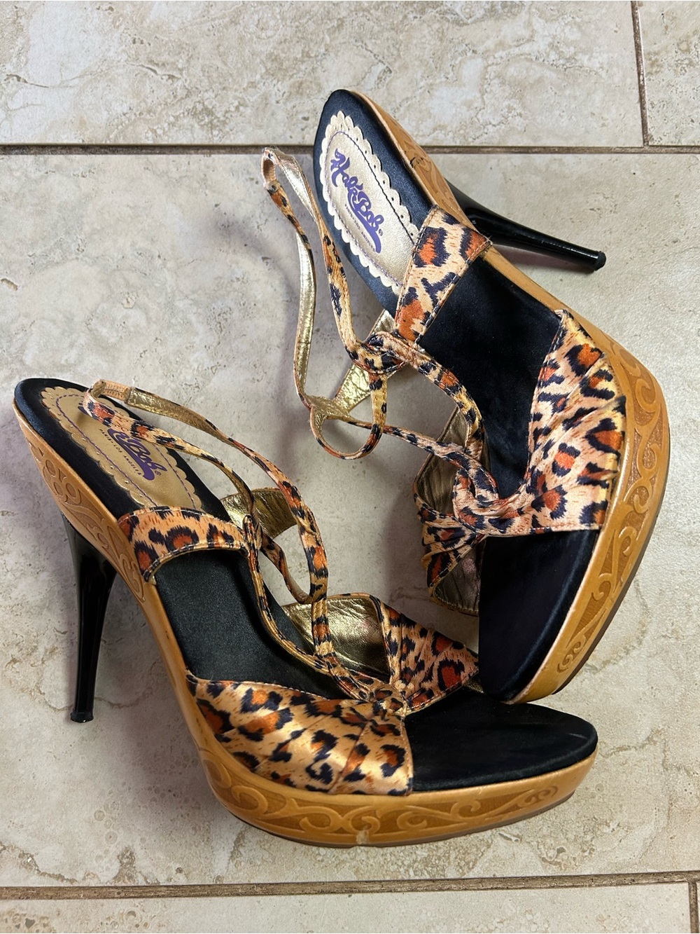 Hale Bob Leopard Print Platform Heel Sandals with Gold Accents